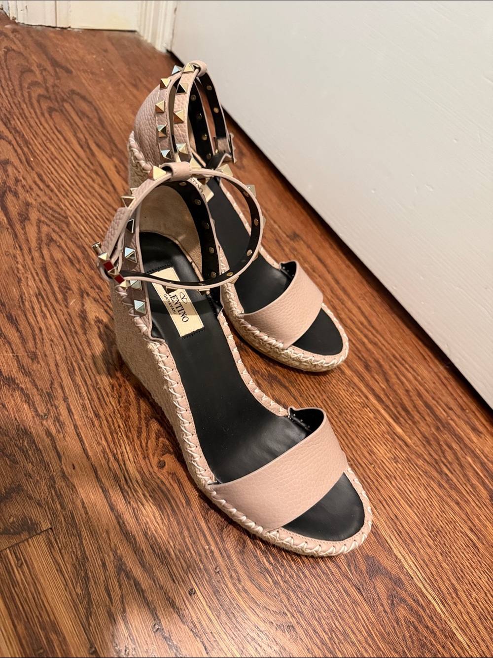 Valentino Garavani Blush Pink Studded Ankle-Strap Espadrille Wedges